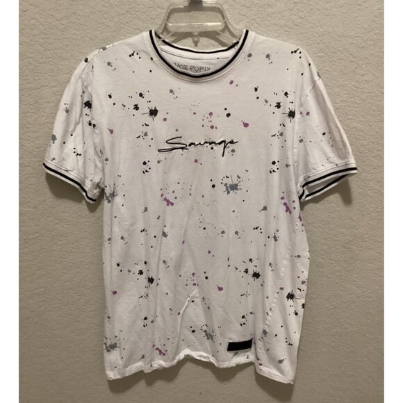 White Splatter Paint Mens T-Shirt With "Savage" Script Design S L - Picture 2 of 4